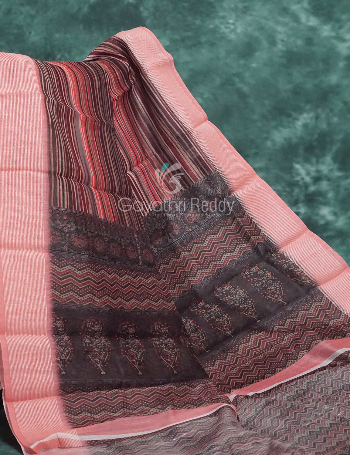 Peach And Brown Colour With Geometrical Print Semi Chanderi Saree. By Gayathri Reddy Designer Studio - Distacart