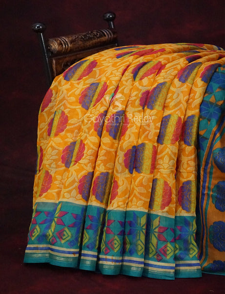 Shades of Yellow With Sea Blue Blouse Printed Semi Chanderi Saree By Gayathri Reddy Designer Studio - Distacart