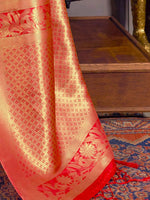 Thumbnail for Mitera Red & Gold-Toned Woven Design Zari Silk Blend Banarasi Saree - Distacart
