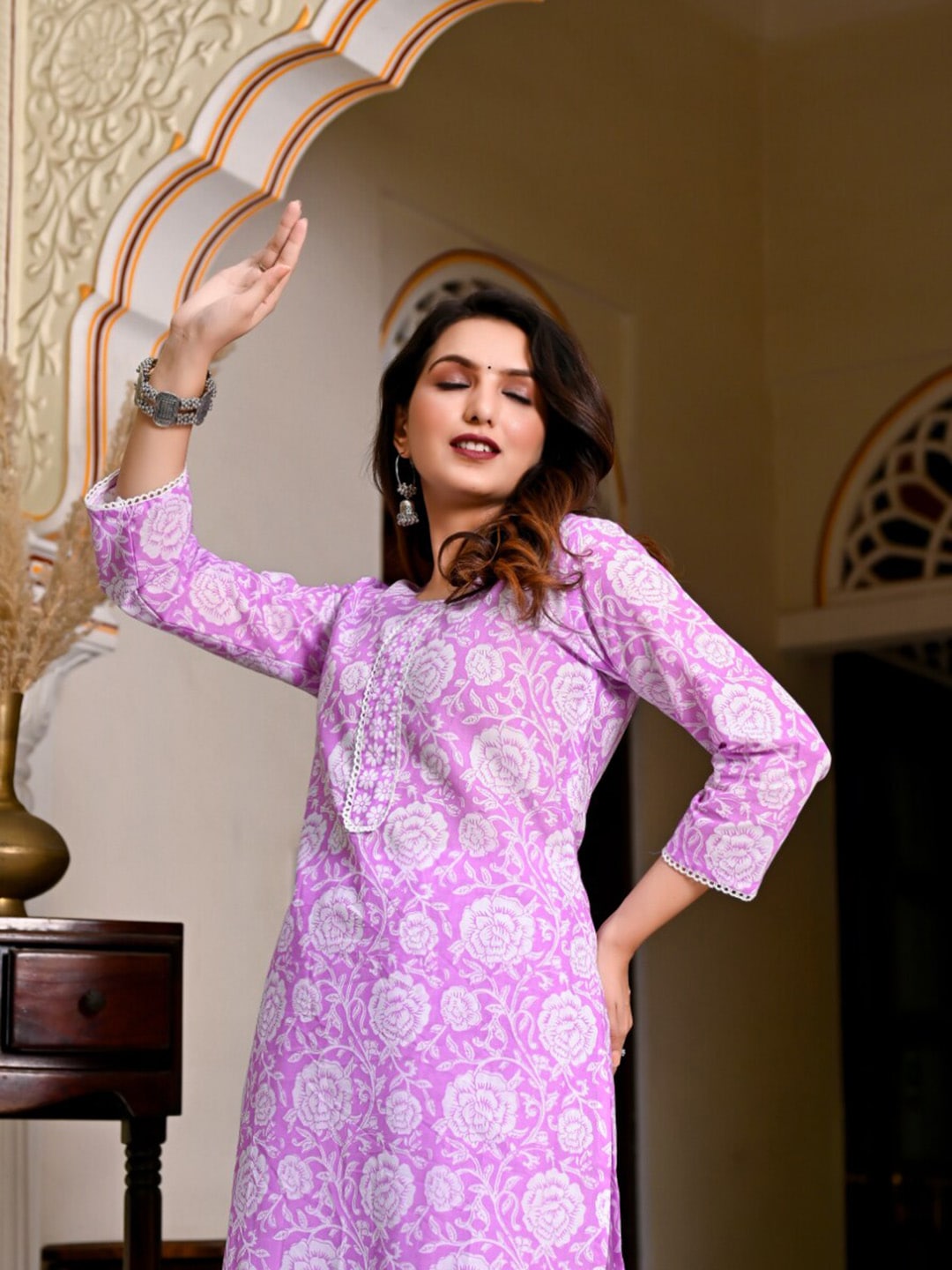 Kalini Floral Printed Lace Insert Detail Straight Kurta with Trousers - Distacart