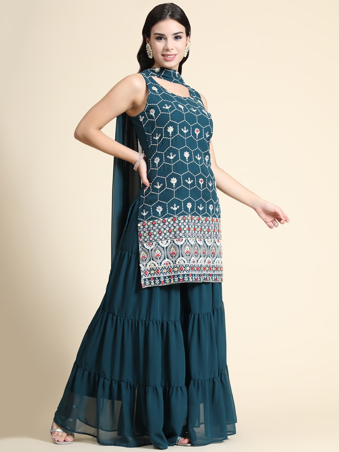 Kalini Women Teal Floral Embroidered Kurta with Sharara & Dupatta - Distacart