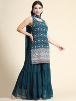 Thumbnail for Kalini Women Teal Floral Embroidered Kurta with Sharara & Dupatta - Distacart