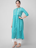 Thumbnail for Kalini Women Sea Green Printed Flared Sleeves Thread Work Handloom Kurta - Distacart