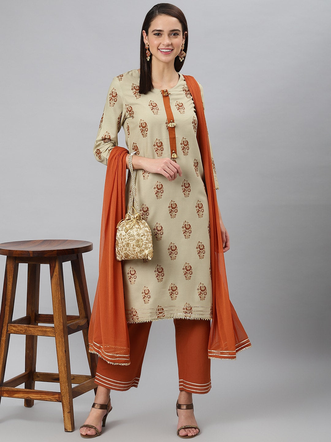 Khushal K Women Taupe & Rust Red Printed Kurta with Trousers & Dupatta - Distacart