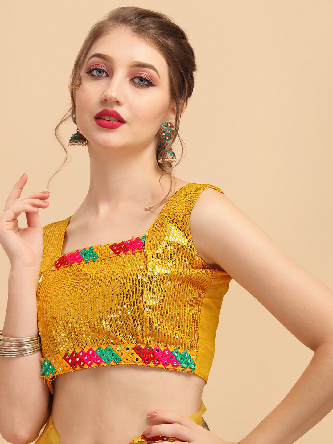 Sangria Mustard & Orange Floral Mirror Work Organza Saree - Distacart