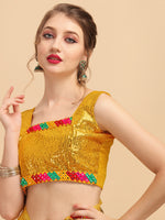 Thumbnail for Sangria Mustard & Orange Floral Mirror Work Organza Saree - Distacart