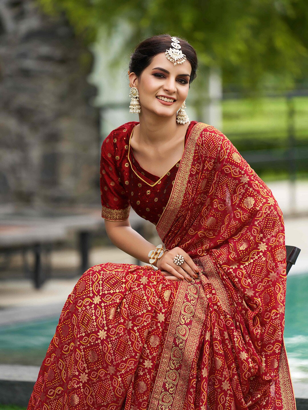 Mitera Red & Gold-Toned Ethnic Motifs Printed Pure Georgette Saree - Distacart
