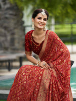 Thumbnail for Mitera Red & Gold-Toned Ethnic Motifs Printed Pure Georgette Saree - Distacart