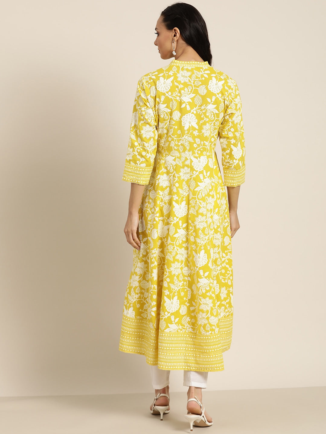 Sangria Women Yellow & White Ethnic Motifs Print Pure Cotton Anarkali Kurta - Distacart