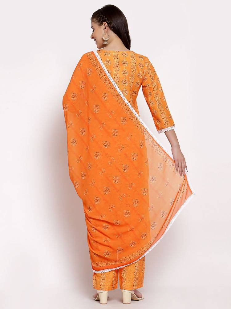 Myshka Women's Orange Cotton Printed 3/4 Sleeve Round Neck Casual Kurta Pant Dupatta Set
