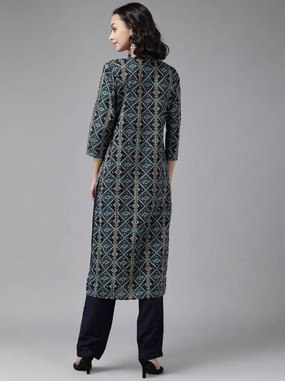 Yufta Teal Blue & Black Printed Pure Cotton Kurta with Palazzo