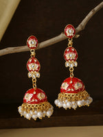 Thumbnail for NVR Women Gold Plated Red Kundan Jhumkas Earrings - Distacart