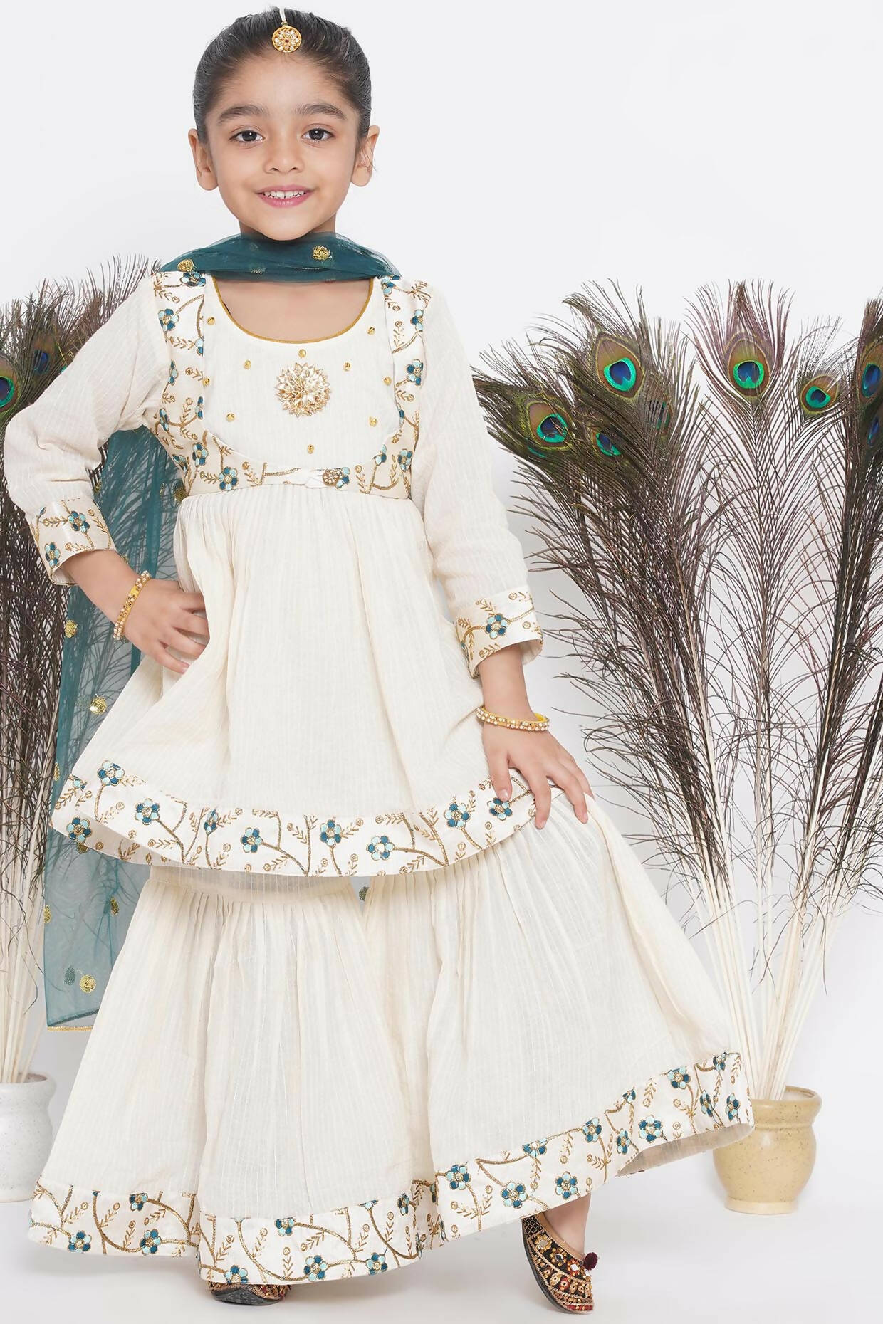 Little Bansi Blue Floral Embroidery Jacket with Cotton Kantha Frock Sharara and Dupatta with Ghungroo Handwork - Cream - Distacart