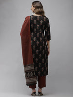 Thumbnail for Yufta Women Black & Rust Brown Ethnic Motifs Printed Kantha Work Pure Cotton Kurta Set
