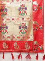 Thumbnail for Lorenvalley Fashion Red Soft Paithani Silk Woven Design Copper Zari Meenakari Weaving Saree - Distacart