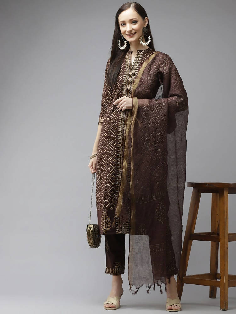 Yufta Women Brown Printed Panelled Beads and Stones Pure Cotton Kurta with Trouser & With Dupatta