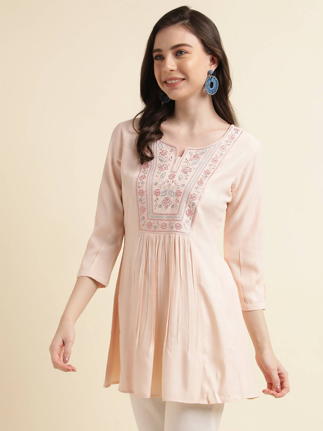 Peach Viscose Rayon Yoke Embroidered A-line Top - Tarini - Distacart