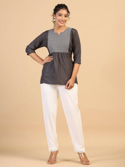 Womens Grey Rayon Yoke Embroidered Top - Keeva - Distacart