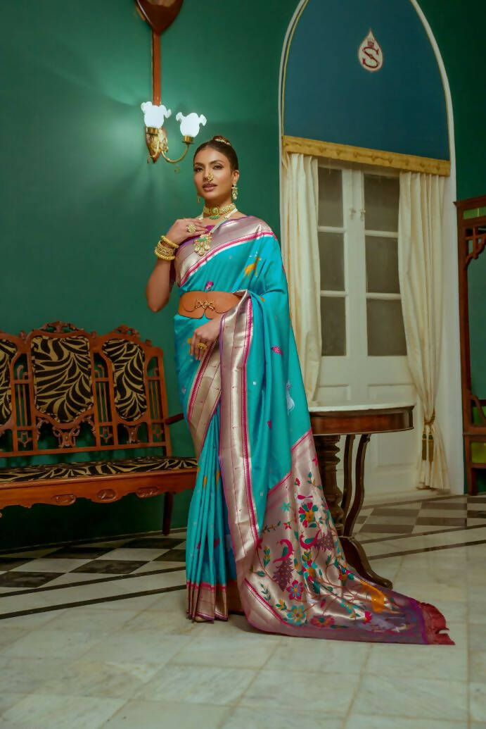 Vishnu Weaves Women's Teal Paithani Silk Zari Woven Saree with Unstitched Blouse - Distacart