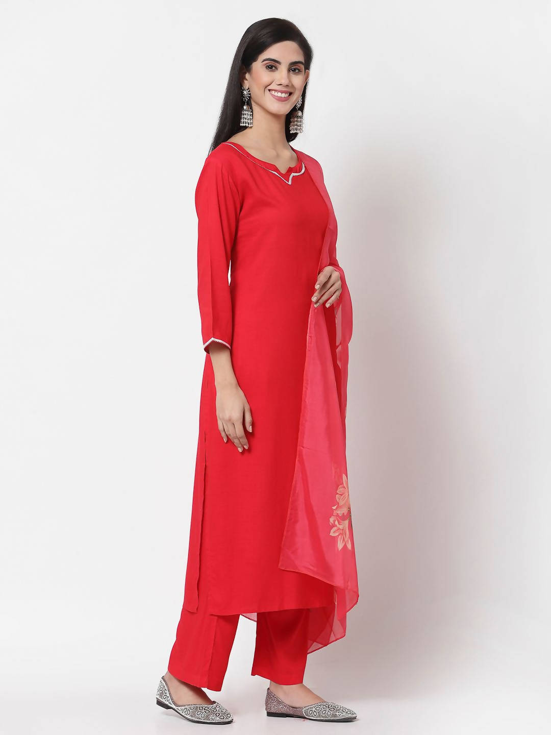 Myshka Red Cotton Solid 3/4 Sleeve Square Neck Casual Kurta Pant Dupatta Set