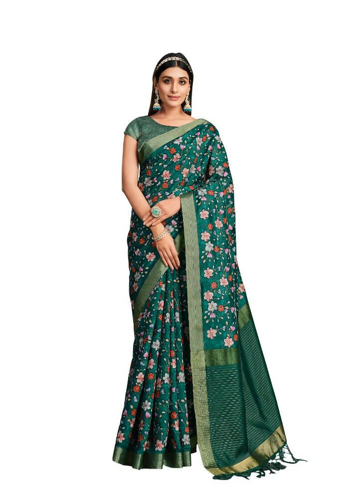 Green Tusser Silk Floral Sequence Embroidered Saree With Unstitched Blouse - Mohmanthan Aahana - Distacart