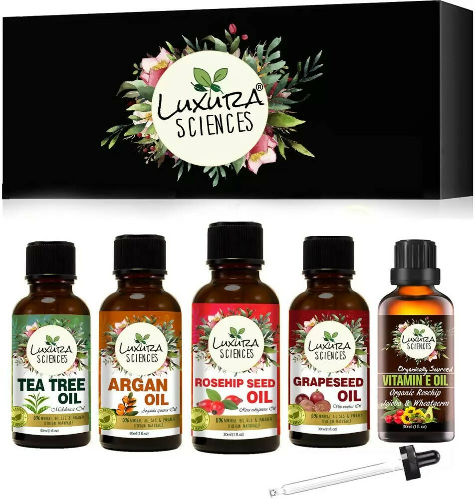 Luxura Sciences Organic Essential Oils for Skin Health - Rosehip Seed Oil, Argan Oil, Tea Tree Oil, Grape Seed Oil, Vitamin E - Distacart