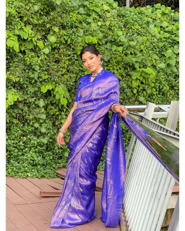 DEIANA'S Beautiful Golden Jari with New Design Soft Lichi Silk Saree - Royal Blue - Distacart