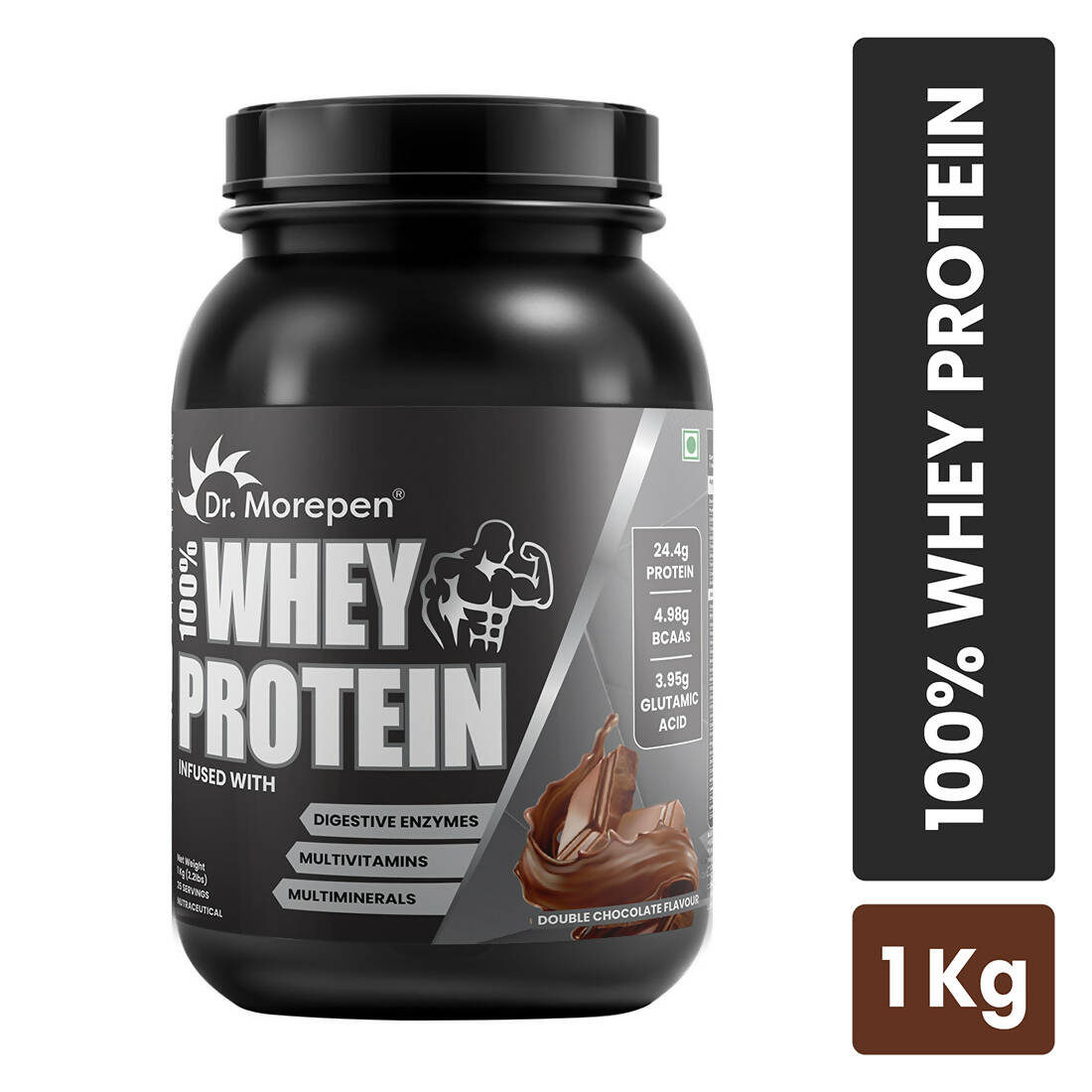 Dr. Morepen 100% Whey Protein infused with Digestive Enzymes, Multivitamins, & Multiminerals in Double Chocolate Flavour - Distacart