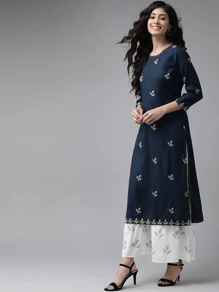 Yufta Women Navy Blue & White Embroidered Kurta with Palazzo & Dupatta
