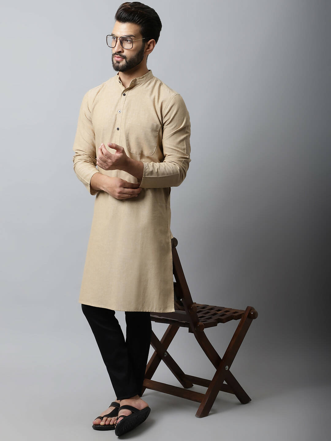 Even Apparels Beige Color Pure Cotton Men's Kurta With Band Collar (SLD1196) - Distacart