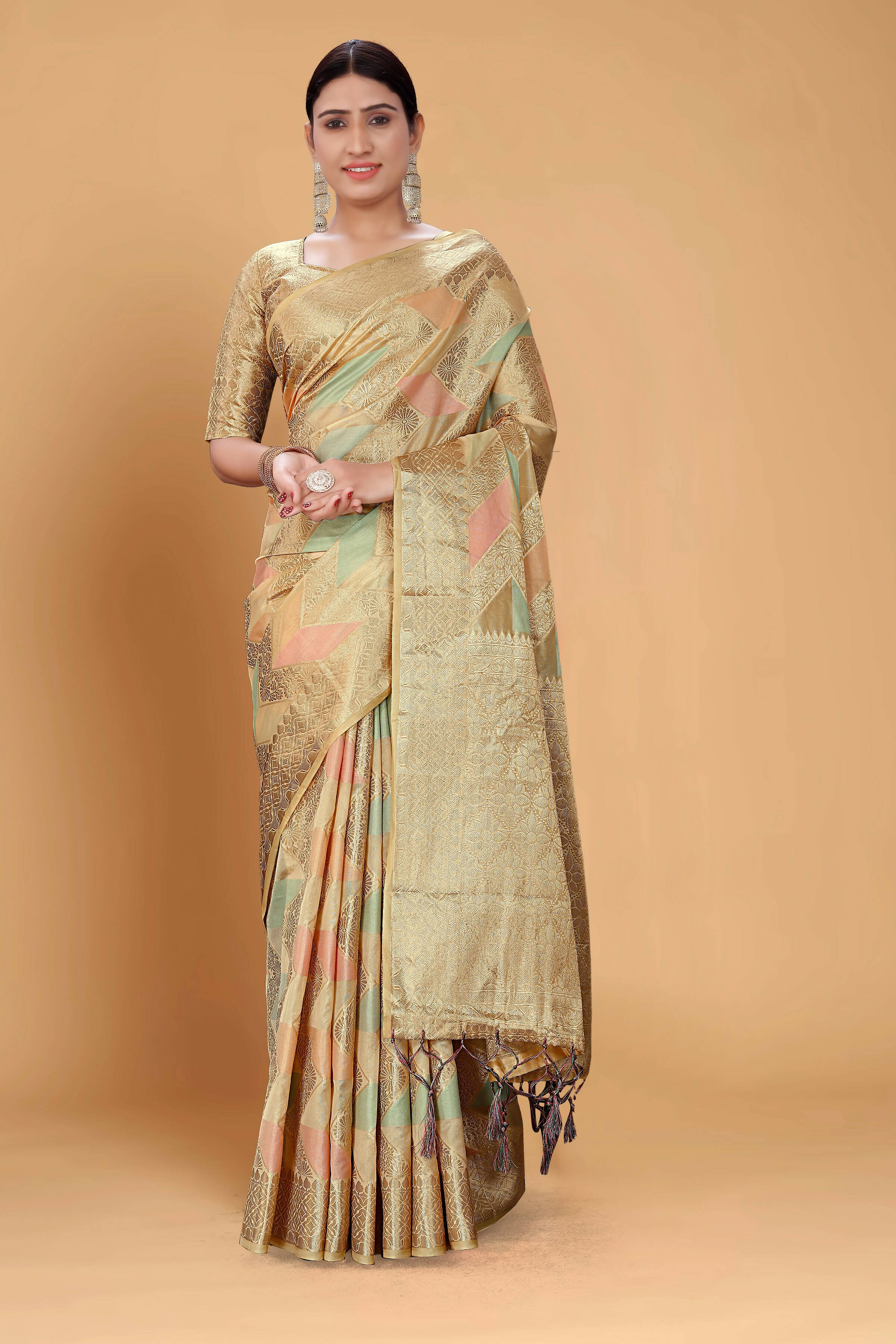 Beige Soft Organza Woven Design Saree With Unstitched Blouse Piece - Zaara - Distacart