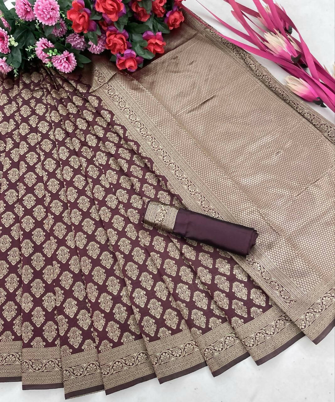 DEIANA'S Beautiful Golden Jari with New Design Soft Lichi Silk Saree - Brown - Distacart