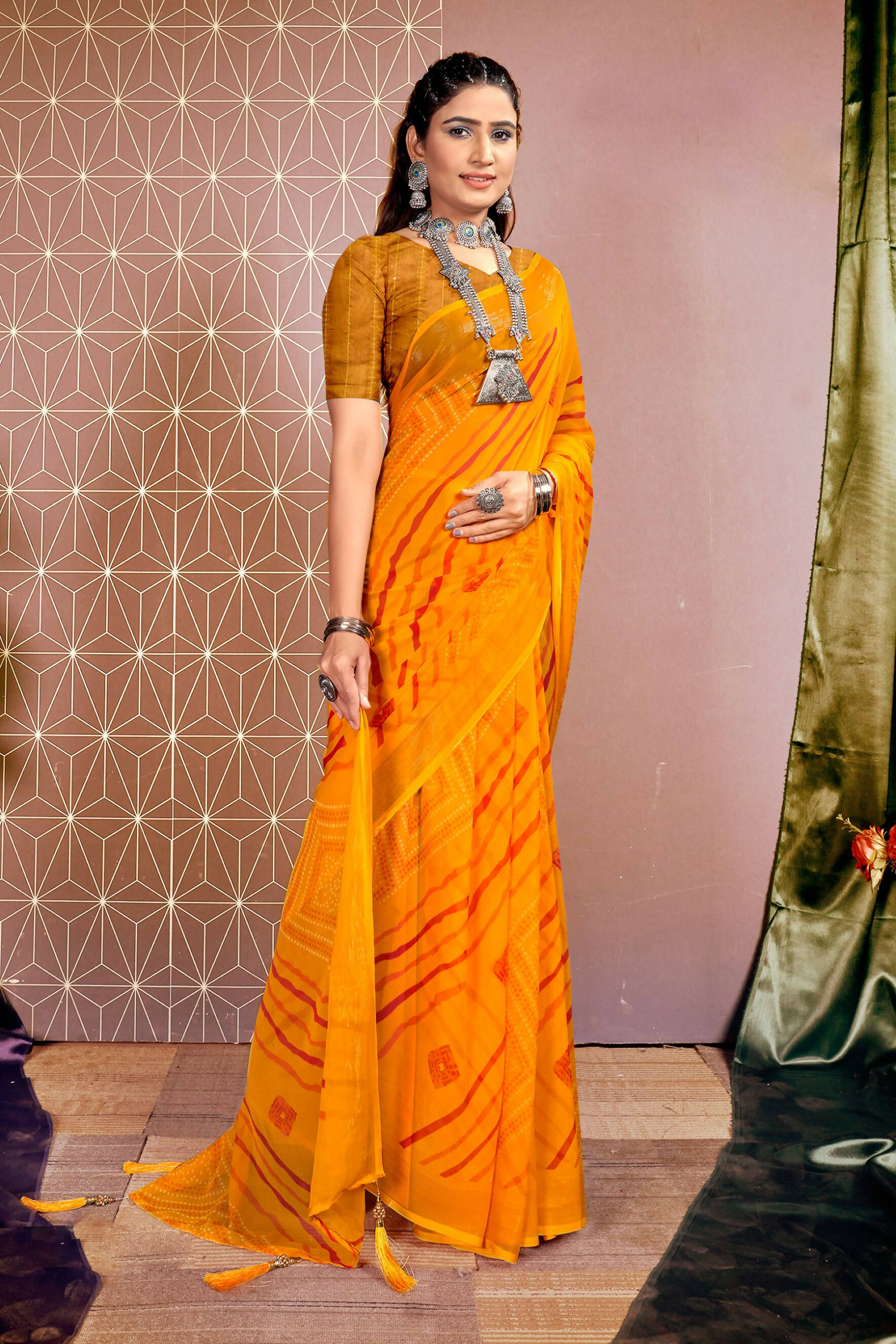 Mustard Chiffon Leheriya Printed Saree With Unstitched Blouse Piece - Shanaya - Distacart