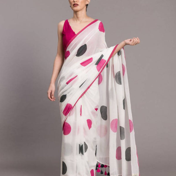 Suta White Pink Polka Dot Printed Pure Cotton Saree - Distacart