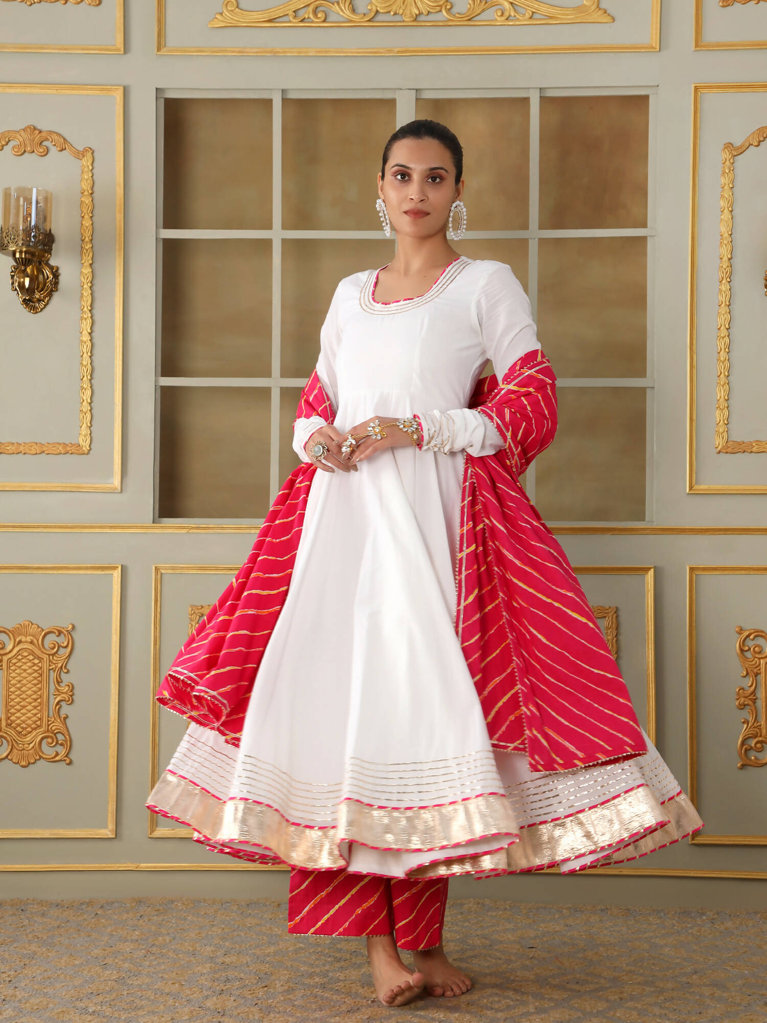 Pomcha Jaipur White Saadgi Pink Leheriya White Anarkali Set - Distacart
