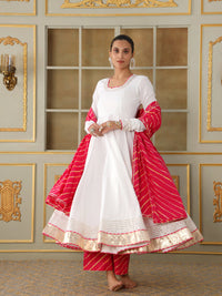 Thumbnail for Pomcha Jaipur White Saadgi Pink Leheriya White Anarkali Set - Distacart