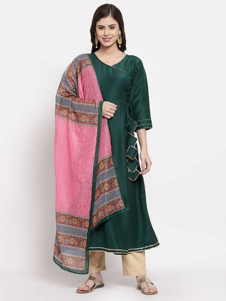 Myshka Women's Green Cotton Solid 3/4 Sleeve V Neck Casual Kurta Dupatta Set