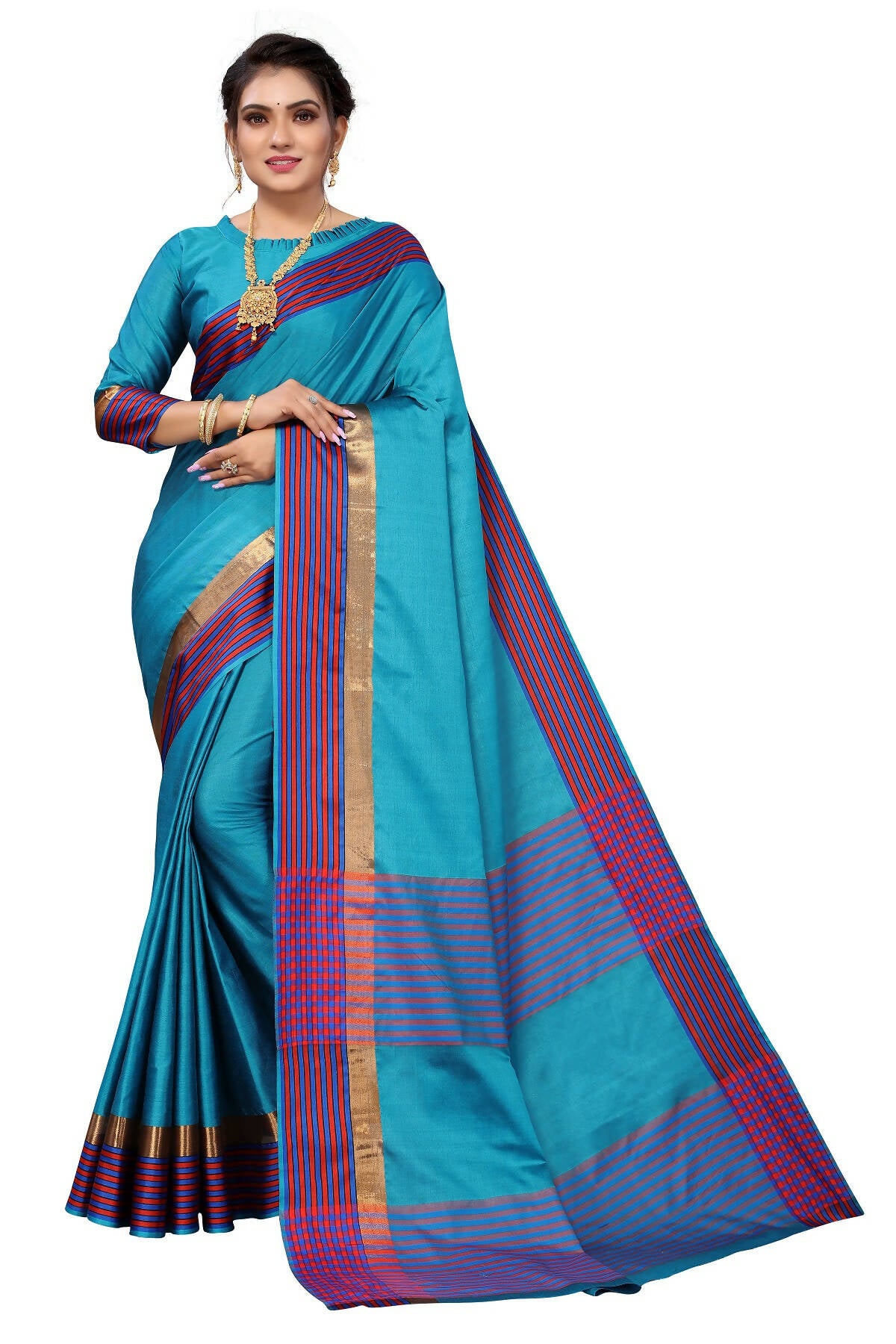 Vamika Ethnic Fire Rama Green Cotton Silk Saree - Distacart