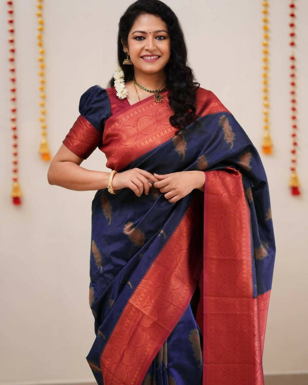 DEIANA'S Beautiful Golden Jari with New Design Soft Lichi Silk Saree - Navy Blue - Distacart