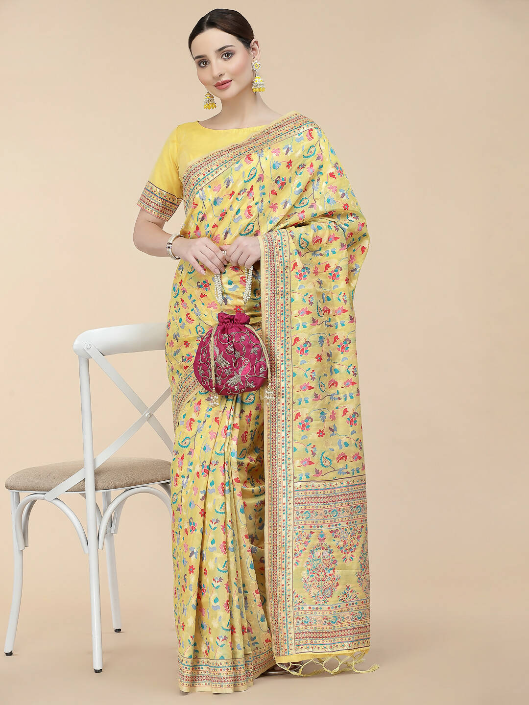 Yellow Silk Blend Woven Design Saree With Unstitched Blouse Piece - Aloki - Distacart