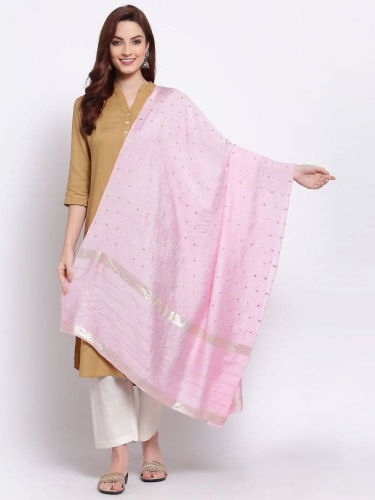 Myshka Women's Pink Cotton Silk Printed Casual Dupatta