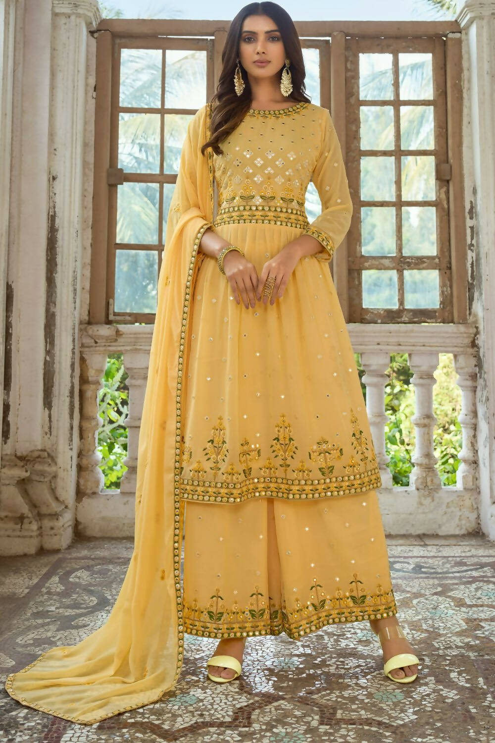 Yellow Heavy Fox Georgette Embroidered Semi Stitched Suit - Dhvani - Distacart