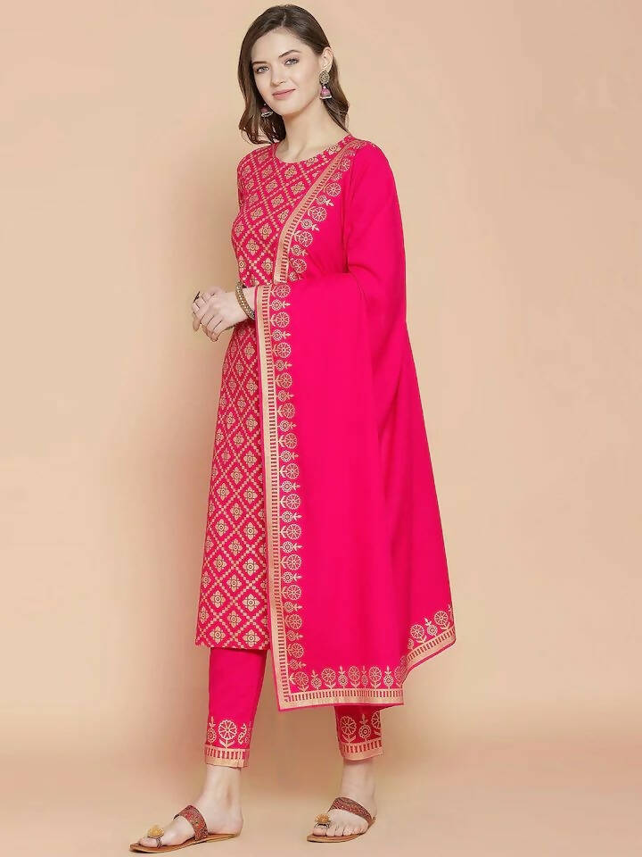 Vamika Foil Print Cotton Pink Party Wear/Casual Wear Kurta Set/Suit - Distacart