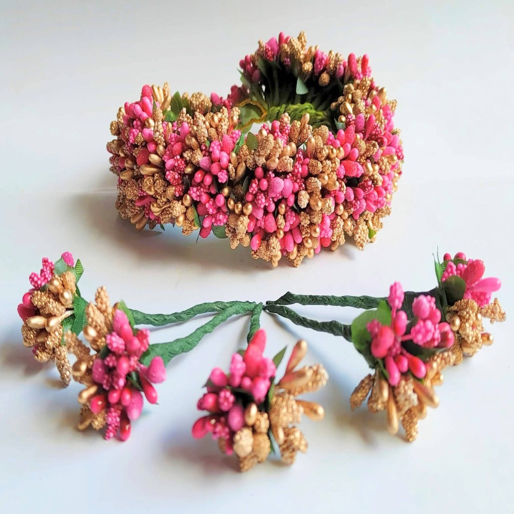 Pink & Gold Bridal Hair Gajra with Brooches