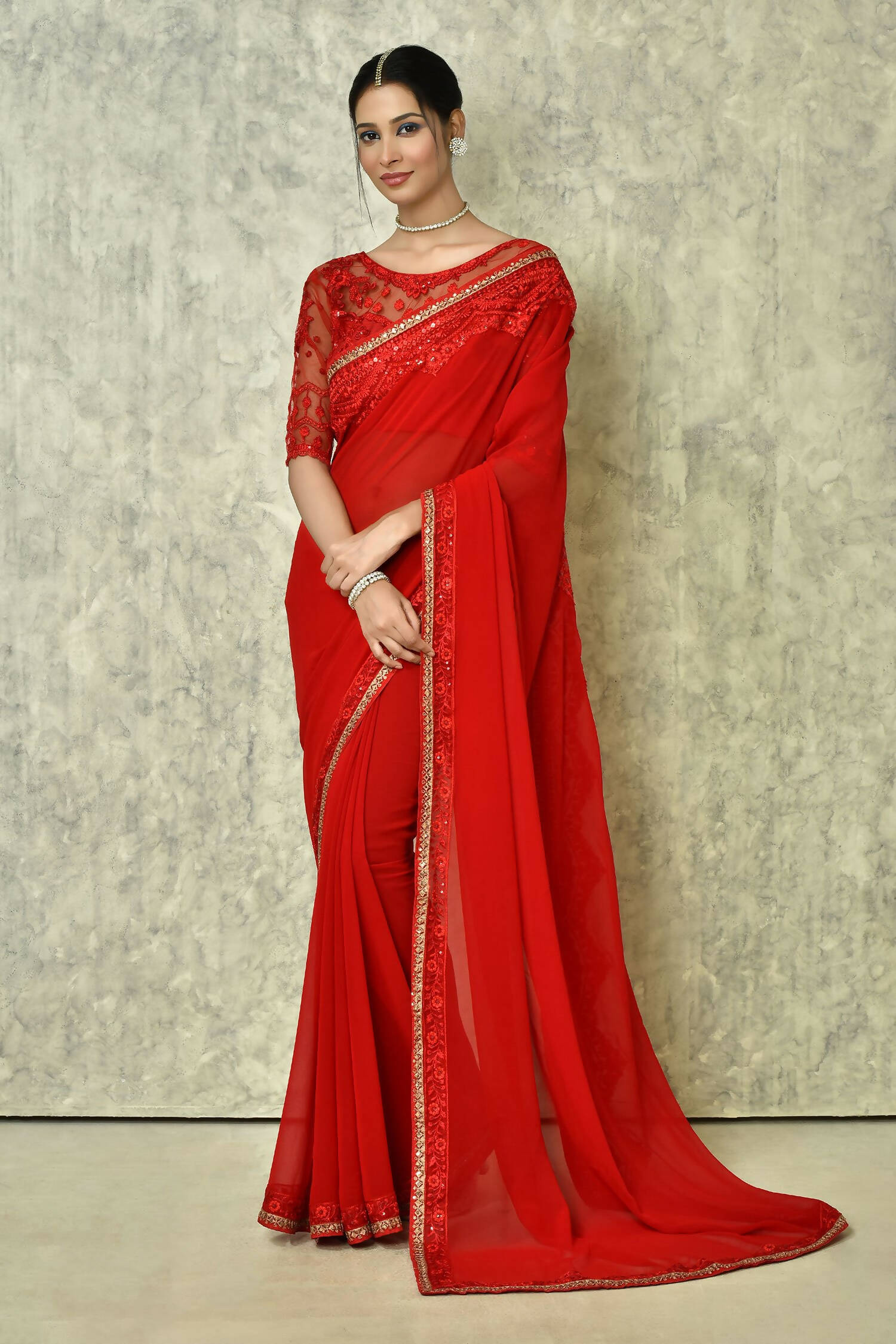 Red Georgette Plain Saree with Blouse Piece - Purvi - Distacart