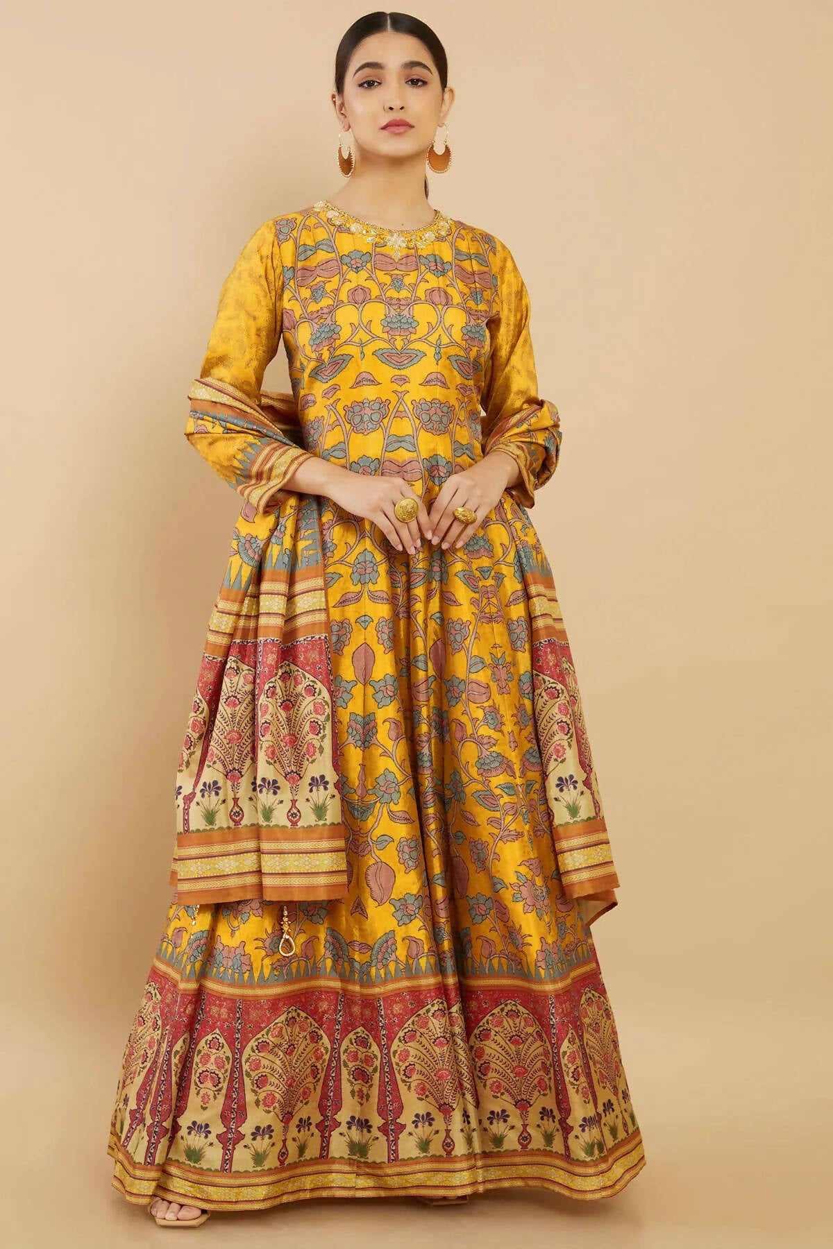 Women's Partywear Designer Yellow Soft Dola Silk Anarkali suit with Dupatta - Kalishta - Distacart