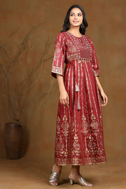 Juniper Women Maroon Shantoon Printed Anarkali Dress - Distacart
