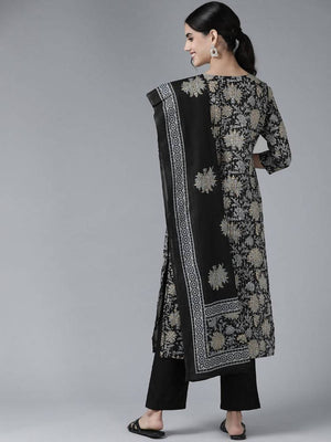 Yufta Women Black Floral Pure Cotton Kurta with Trouser & With Dupatta