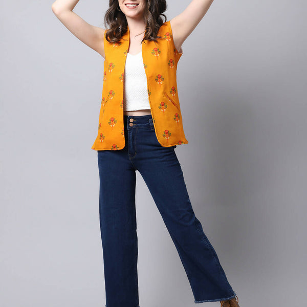 Even Apparels Yellow Viscose Rayon Open Front Waistcoat - Distacart