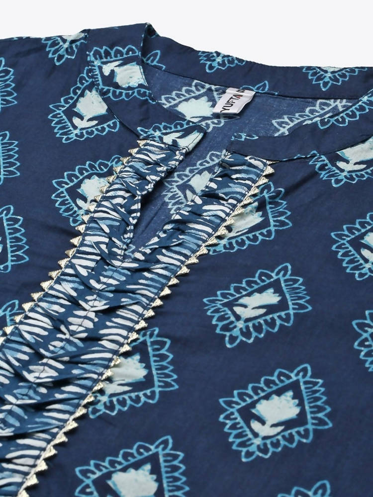 Yufta Women Blue & White Printed Pure Cotton Kurta with Trouser & Dupatta